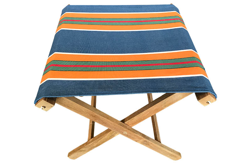 Portable Folding Stools with Vintage Navy Blue, Terracotta, Green Striped Seats