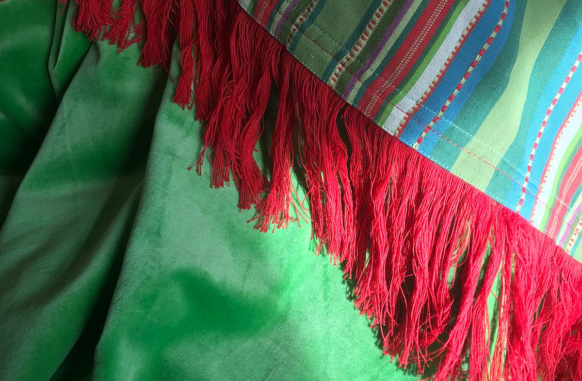 Green Velvet Throw with Green Striped Cotton on Reverse and Long Fringe