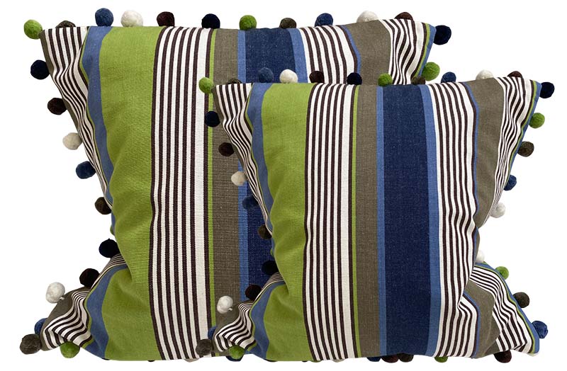 Blue, Lime Green, Khaki Striped Pompom Cushion Covers