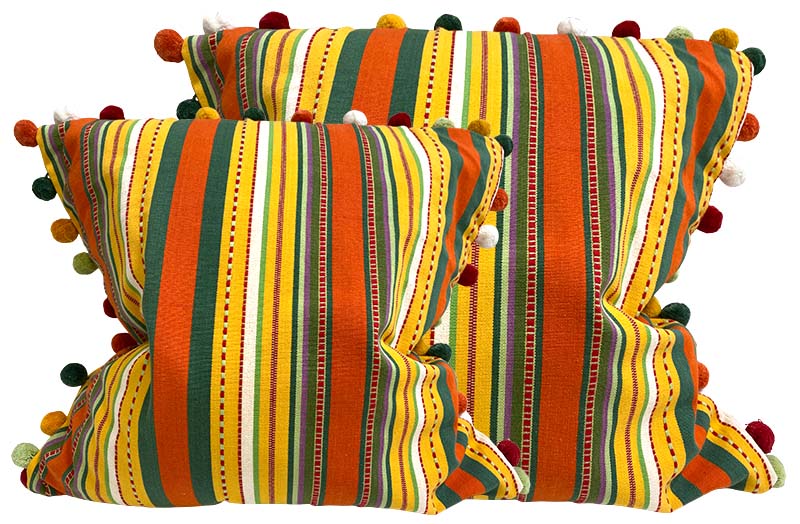 Yellow, Orange, Green Striped Pompom Cushion Covers