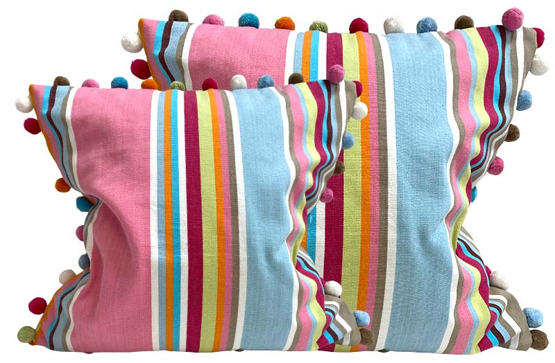 Pink, Beige Grey, Pale Blue Striped Pompom Cushion Covers