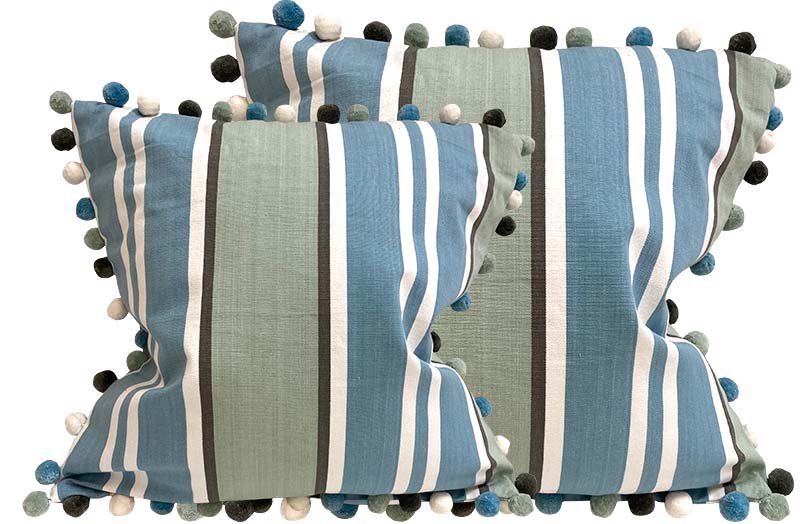 Teal, Pale Aqua, Dark Grey Striped Pompom Cushion Covers