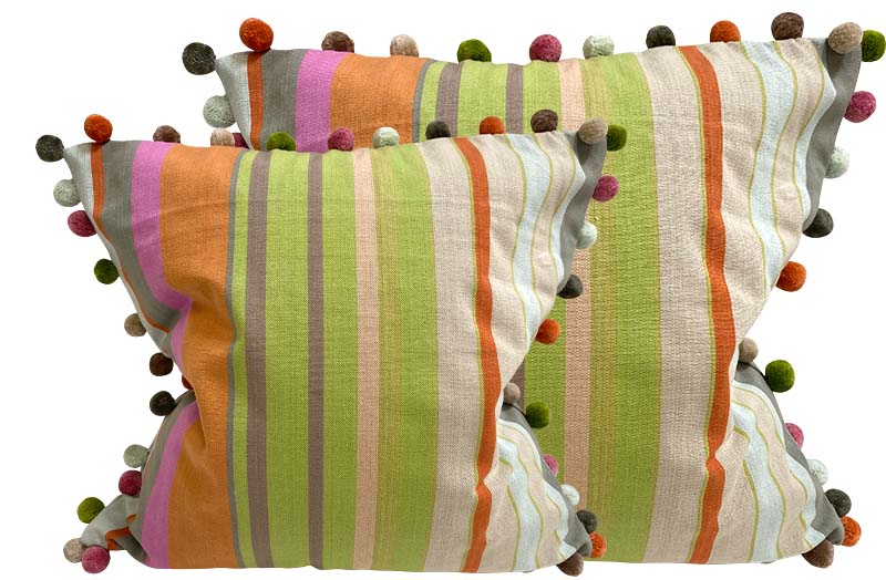 Stone, Pale Green, Terracotta Striped Pompom Cushion Covers