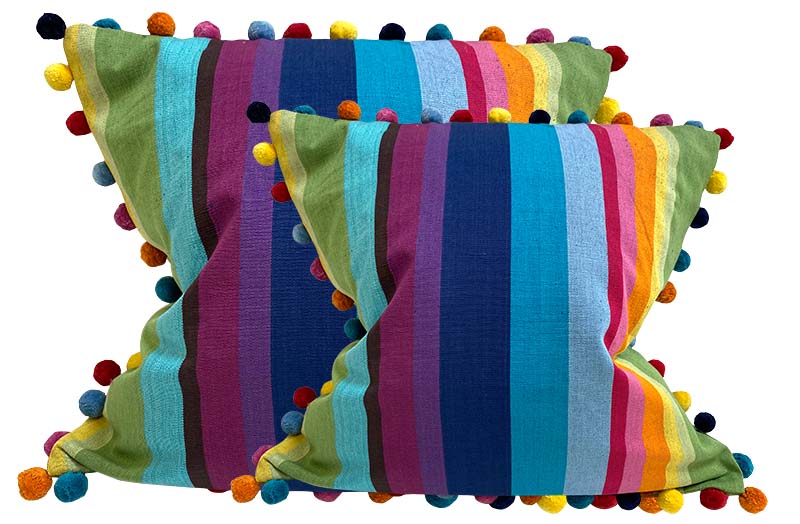 Bright Rainbow Stripe Pompom Cushion Covers