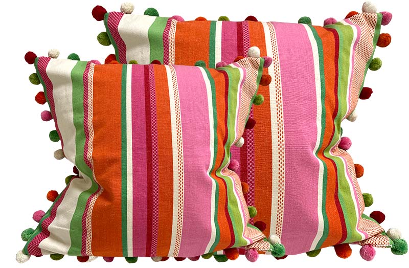 Cream, Pink, Orange Striped Pompom Cushion Covers