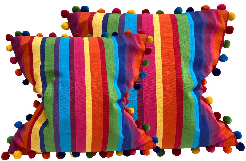 Multi Colour Pink Green Blue Striped Pompom Cushion Covers