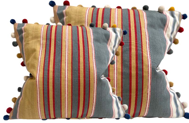 Grey, White, Khaki, Red Striped Pompom Cushion Covers