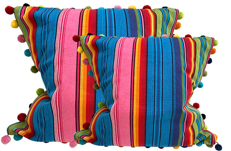 Bright Pink, Blue Turquoise, Green Striped Pompom Cushion Covers