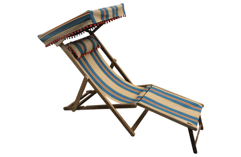 Vintage Beige, Blue, Yellow Edwardian Deckchairs with Canopy and Footstool