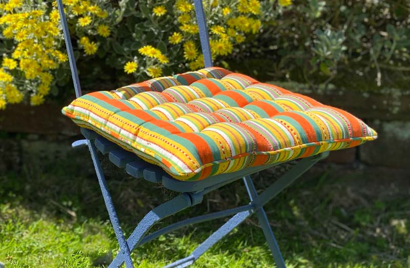 Yellow, Orange, Green Striped Seat Pads with Piping