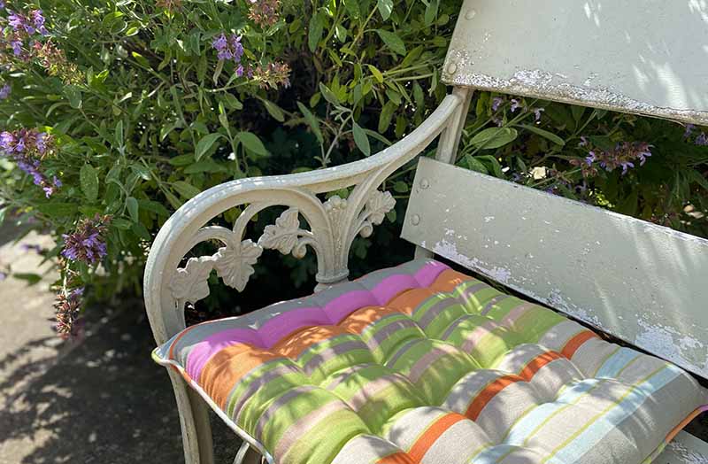 Stone, Pale Green, Terracotta Striped Seat Pads with Piping