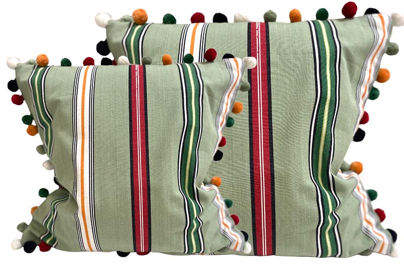 Pale Green, Green, Red Striped Pompom Cushion Covers