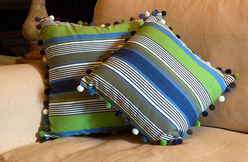 Blue, Lime Green, Khaki Striped Pompom Cushion Covers