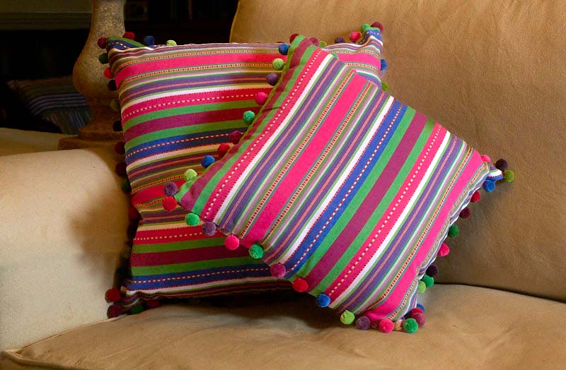 pompom cushion shocking pink stripe