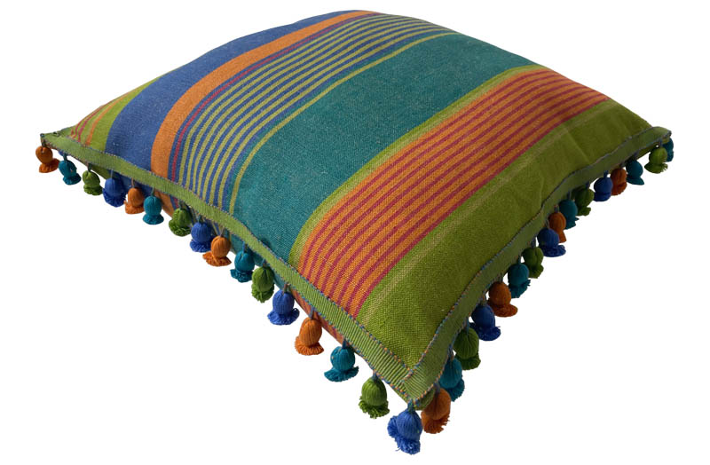 Green, Blue, Terracotta Striped Linen Tassel Cushions