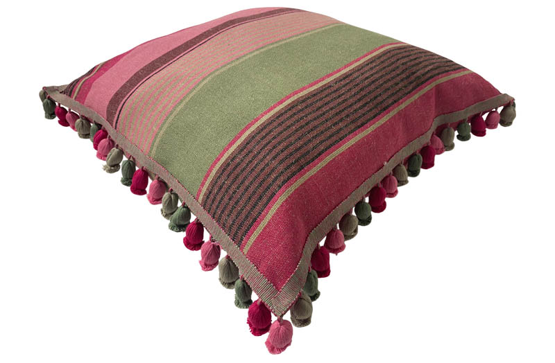 Raspberry Pink, Sage, Taupe Striped Linen Tassel Cushions