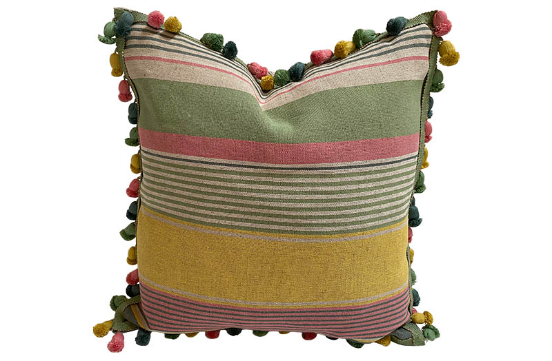 Yellow, Pink, Green Striped Linen Tassel Cushions