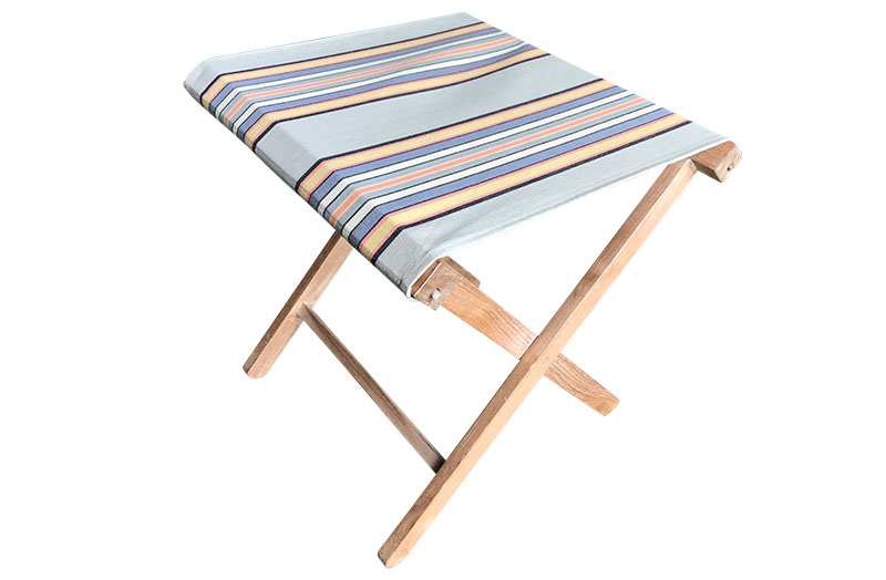 Folding Portable Wooden Stool with Vintage Khaki, Sand, Light Blue Stripe Canvas Seat