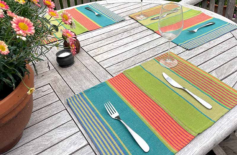 Green, Blue, Terracotta Stripe Linen Place Mats set of 4